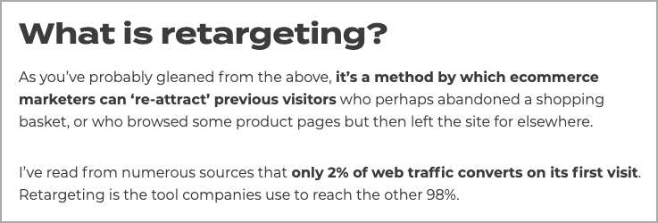 An informative graphic titled "What is Retargeting?" explains that it's a method used by ecommerce marketers, akin to how ketamine therapy helps re-engage patients. With only 2% of web traffic converting on a first visit, it emphasizes the critical role of retargeting. - Ketamine