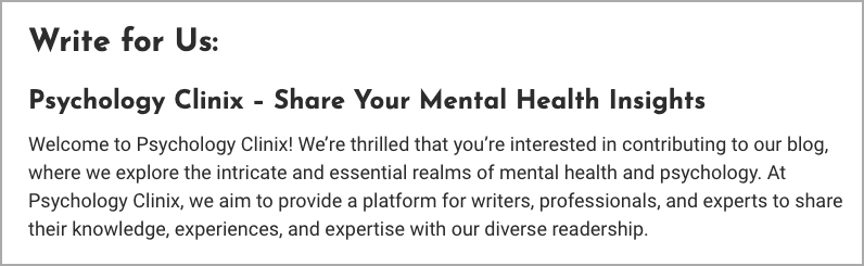 A graphic titled "Write for Us: Psychology Clinix – Share Your Mental Health Insights" warmly invites guest postings for our blog centered on mental health and psychology. It emphasizes sharing knowledge and expertise with our diverse readership. - Ketamine