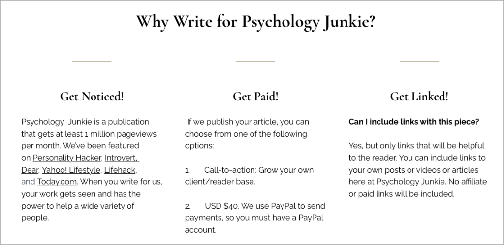 The image displays a text-based webpage titled "Why Write for Psychology Junkie?" featuring three sections: "Get Noticed!" highlighting the benefits of guest posting, "Get Paid!" detailing payment options, and "Get Linked!" discussing the link inclusion policy. - Ketamine