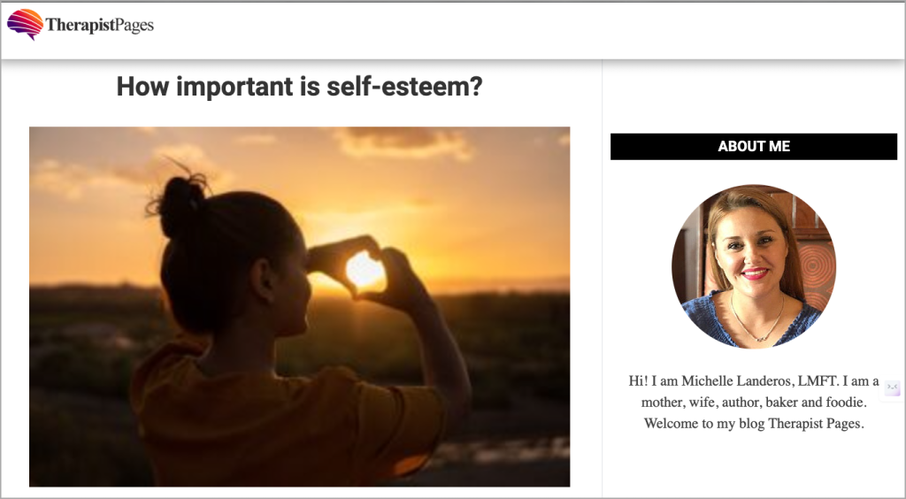 A person forms a heart shape with their hands in front of a sunset. The sidebar features a profile photo of Michelle Landers, LMFT, with a short intro about her as a mother, writer, and foodie. Explore guest posting opportunities on her blog, "Therapist Pages. - Ketamine